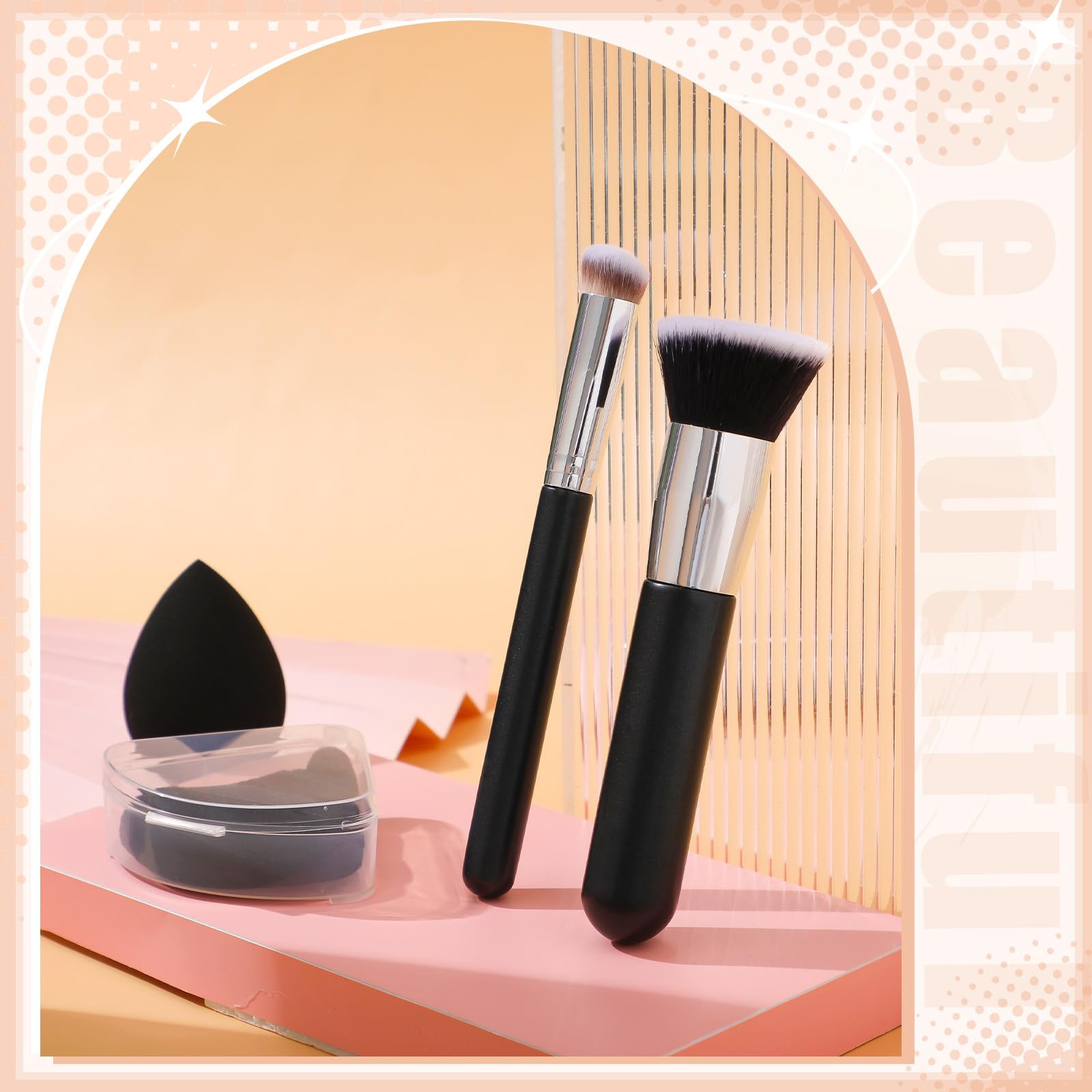 Foundation Brush Set with Sponge & Powder Puff 6PC